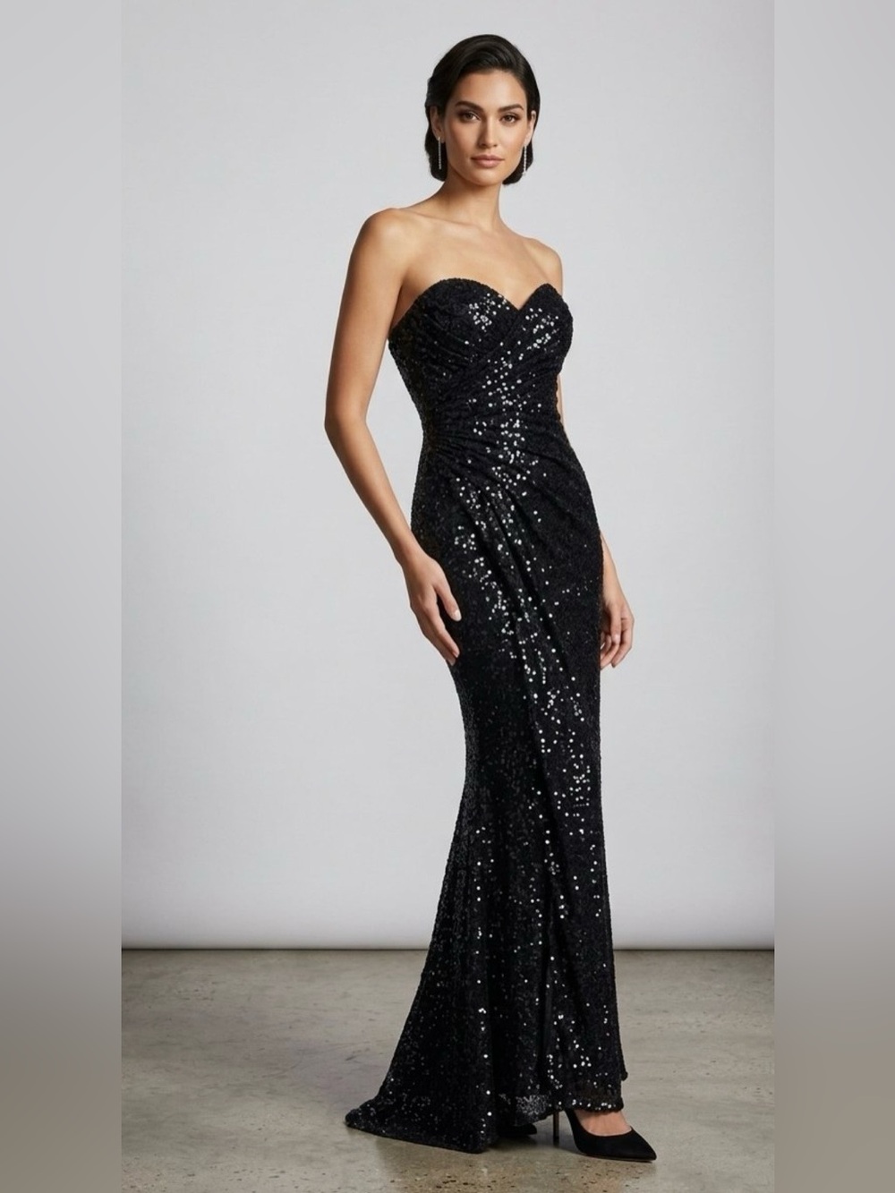 Strapless Black Sequins Evening Gown by La Femme- Sz 10